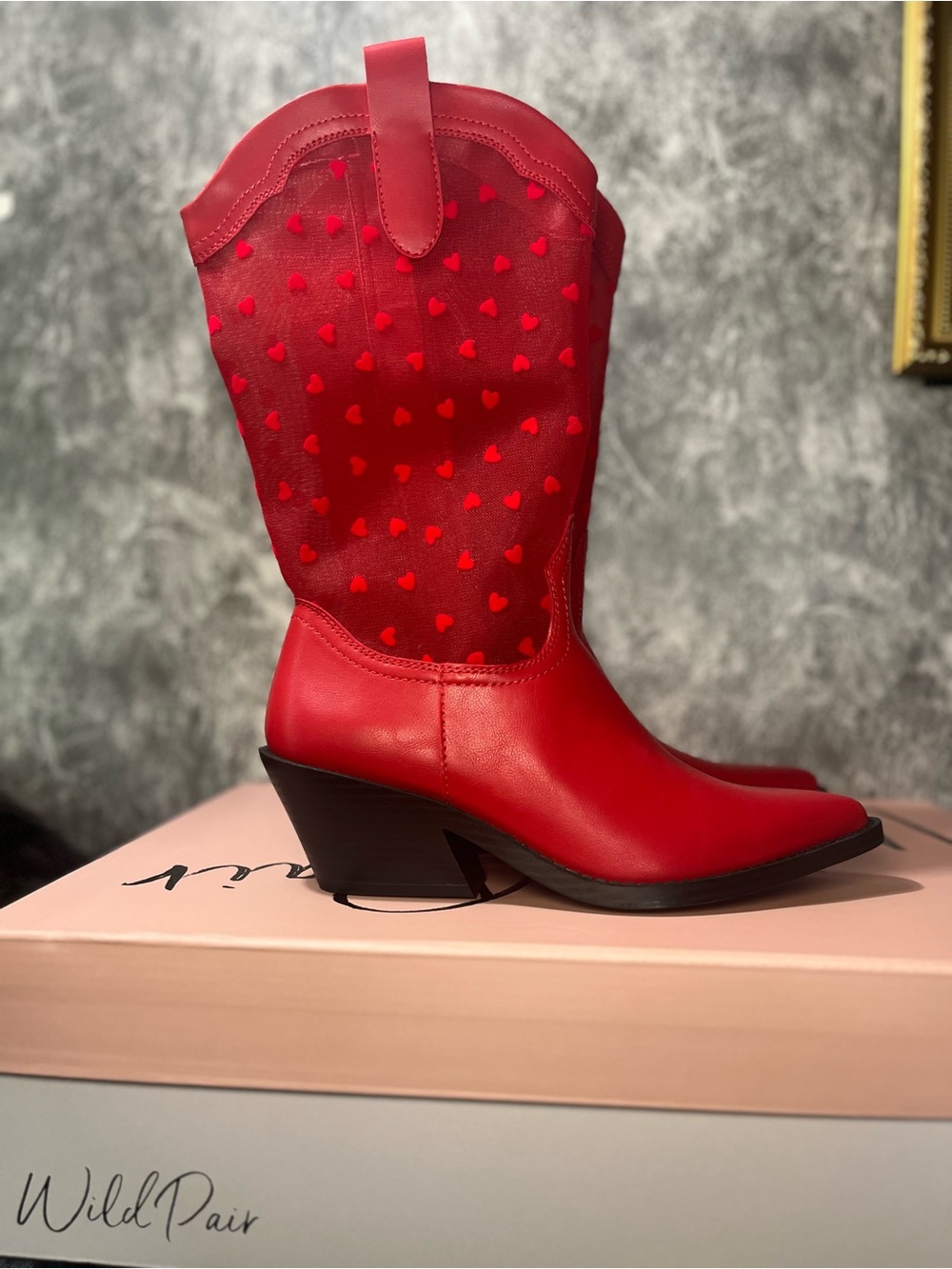 Wild Pair Red Heart-Print Western Mid-Calf Boots